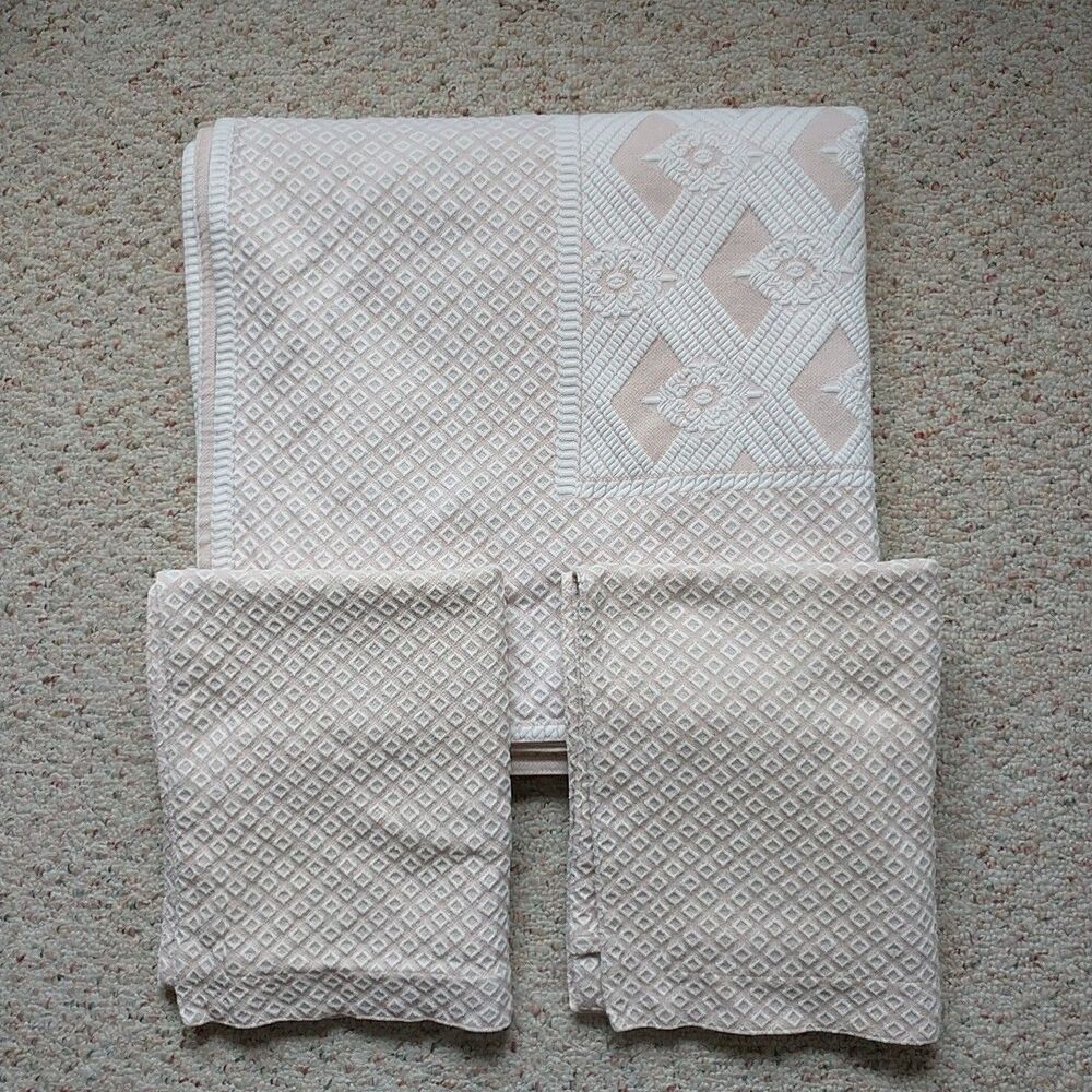SFERRA Full Double Coverlet Pillow Case Set Beige Geometric WovenCotton Portugal